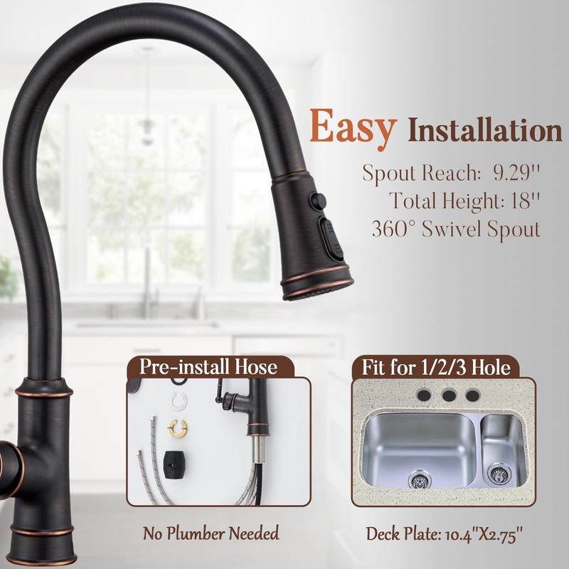 WINKEAR Brass Kitchen Faucet with Pull Down Sprayer, 3 Sprayer