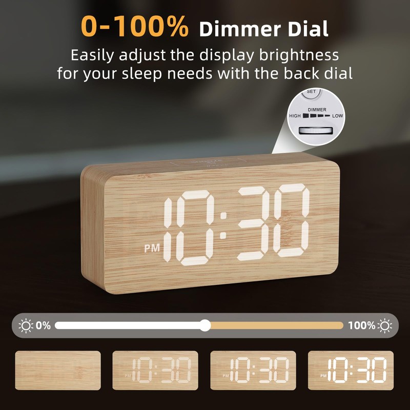 uscce Wooden Digital Alarm Clocks for Bedrooms: Dimmable Dual Alarm