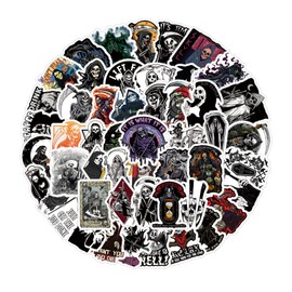 62Pcs Horror Grim Reaper Stickers Pack, Skeleton Death Waterproof Vinyal Decals for Water Bottle, Laptop, Phone, Scrabook, Journal Gift for Kid Teen AdultsToddler for Party Supply Favor Decoration