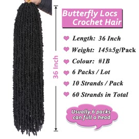 Samtress 36 Zoll Butterfly Locs Crochet Hair Long Distressed Faux Locs Crochet Braids Synthetic 6 Packs Pre Looped Soft Locs Crochet Braids Hair Extensions for Women Black (#1B)