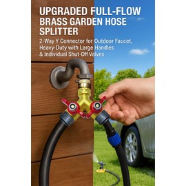 Upgraded Full-Flow Brass Garden Hose Splitter, 3/4 Inch，2-Way Y Connector for Outdoor Faucet, Heavy-duty Handle & Individual Shut-Off Valves, Ideal for Garden Irrigation & Cleaning Tasks