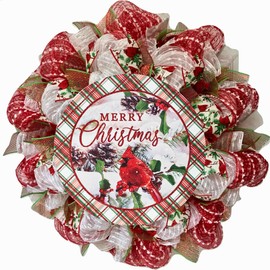 Merry Christmas Cardinal Handmade Deco Mesh Holiday Wreath. Available in 24 inch and 28 inch diameters. High Quality.