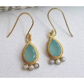 Aqua chalcedony and Freshwater Pearl Dangle Drop Gold Plated Sterling Silver Earrings - Natural Gem Gemstone Jewellery Gift Ideas for Women - Christmas Gift Idea (chalcedony)