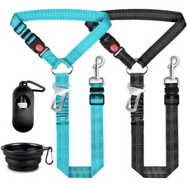 Dog Seat Belt Harness for Car, 3 in 1 Pet Dog Car Seatbelt Leash, Retractable Restraint Secures to Vehicle Headrest & Adjustable Reflective Bungee Dog Seatbelt Tether with Poop Bag Dog Bowl - 4 Piece