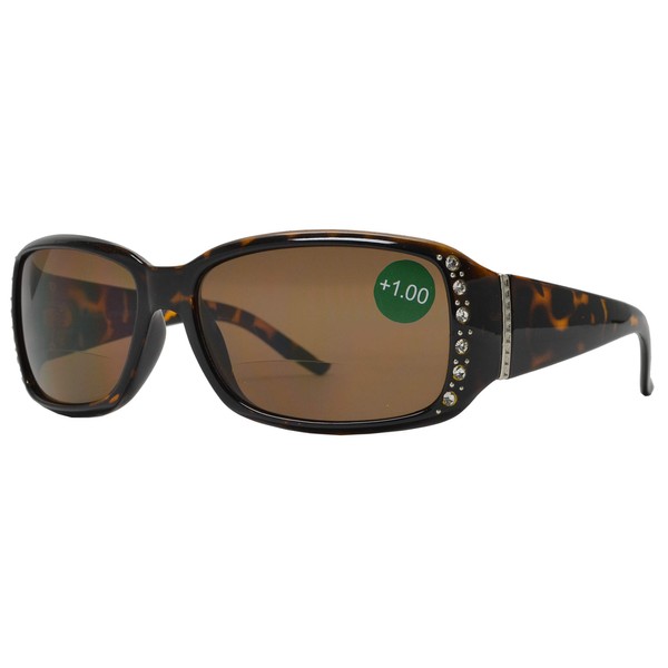 Fashion Eyelinks Rectangular Bifocal Reading Sunglasses Reader with Rhinestone Crystal for Women (Tortoise +3.00)