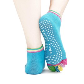 Jinny's Shoppe Women's Colorful Comfortable Yoga Pilates Barre Cotton Toe Grip Socks with Non-Slip Non-Skid Gel Bottom (Blue)
