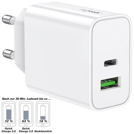 revolt Charger USB C: USB & Notebook Power Supply with USB-C PD and USB-A QC, up to 30 Watt, White (Quickcharge USB Power Supply, Double USB Power Supply, Charging Station)