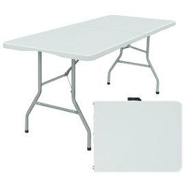 Brosisincorp Plastic Folding Table Portable Fold-in-Half Rectangle Table with Carrying Handle (White, 6ft)