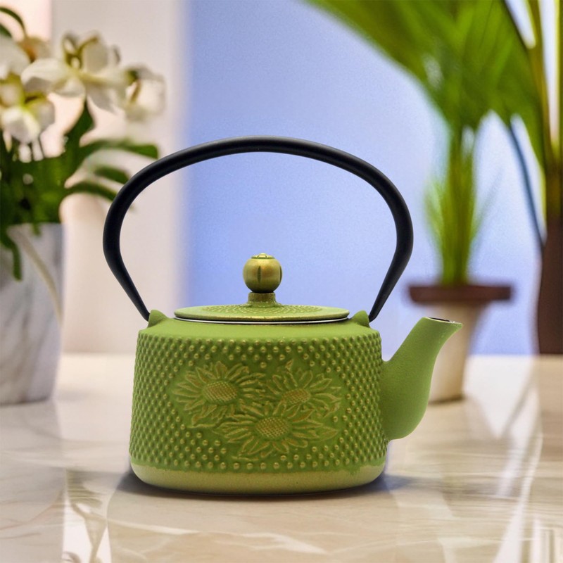 Cast Iron Teapot with Sunflower Pattern,SECHUDO Tea Kettle Coated with