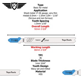 25 x TopsTools T118G 91mm Jigsaw Blades Designed for Metals