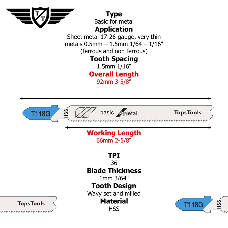 25 x TopsTools T118G 91mm Jigsaw Blades Designed for Metals