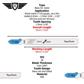 25 x TopsTools T118G 91mm Jigsaw Blades Designed for Metals