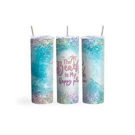 MRC Wood Products 20oz Skinny Tumbler The Beach Is My Happy Place - Stainless Steel Double Wall Insulated Cup With Lid And Straw