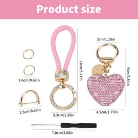 CHENGCKJ Heart Key Ring with Glittering Rhinestones Car Key Ring for Women Pink Heart Shaped Key Chain Rhinestone Key Ring, pink