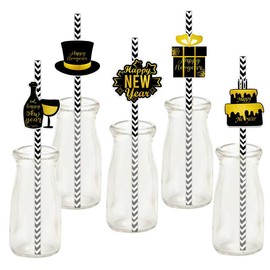 Nenluny 24pcs 2025 Happy New Year Straws Black Gold Paper Straws Disposable Drinking Straws for 2025 New Years Eve Party Decorations