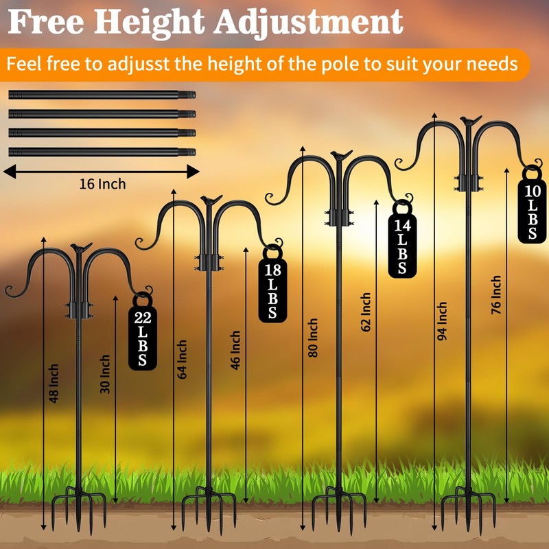 OZMI Double Shepherds Hook for Outdoor, 94 Inch Adjustable Heavy