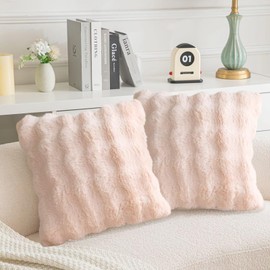 Soft Pink Faux Fur Spring Throw Pillow Covers 18x18 Set of 2 Striped Decorative Plush Velvet Cushion Covers for Sofa Bedroom Living Room Pillow Spring Home Decor