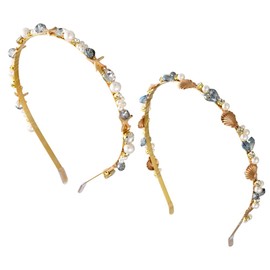 GOMAKERER 2 Pcs 2 Colors Gold Bridal Headbands, Crown Pearl Baroque Hairbands Crystal Beaded HairWires Metal Hair Hoop Accessories for Women Brithday Gift Decoration