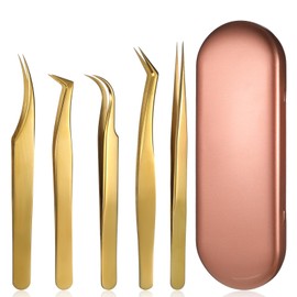 Gold Lash Tweezers Set 5 Pcs Eyelash Tweezer Straight & Curved Lash Tweezers for Volume Eyelash Extensions with Storage Box