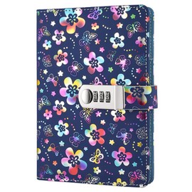 Leather Journal Vintage Notepads, Password Diary Notepad, Secret Diary Notebook with Combination Lock TPN102 Colourful Flowers