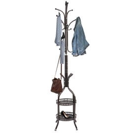 Metal Coat Rack Stand Freestanding Hat Hall Tree Clothes Rack Holder Modern Clothing Garment Hanger Stand with Double Layer Storage Basket and Hooks for Hanging Scarf Bag for Entryway Bedroom (Bronze)