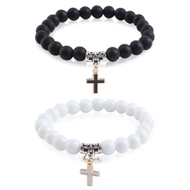 WANDIC 2 Pieces Cross Bracelet Frosted Braided Rope Elastic Christian Bracelet Adjustable Jesus Bracelet for Jewelry Gifts, Stone