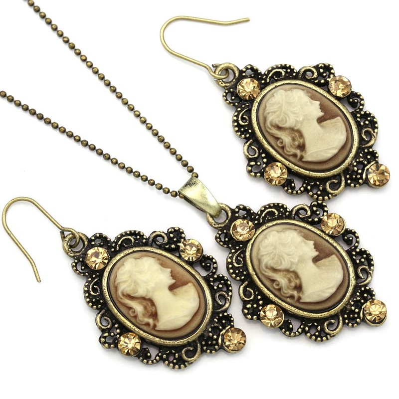 Brown Cameo Necklace Fashion Jewelry Set Pendant Charm Dangle Drop