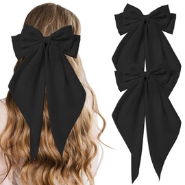 COLANANA 2 Pcs Big Hair Bow,2 Black Big Bows for Girls, Bowknot Hairpin French Hair Clips With Long Silky Satin Hair Barrettes Accessories Bow Hair Clips for Women Girl