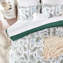 SLEEP ZONE Green Full Size Comforter Set Bed in a Bag - 7 Pieces, 4 Built-in Corner, Winter Summer Warm Fluffy, Tropical Plants Green