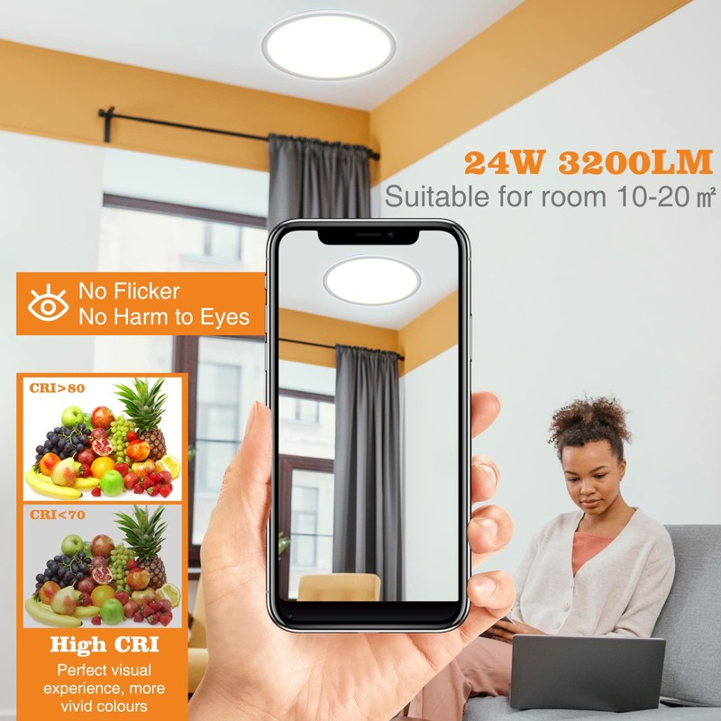 Peasur 25CM LED Ceiling Light 3000-6000K, 24W 3200LM Bathroom Light