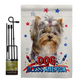Breeze Decor Patriotic Yorkshire Garden Flag Set with Stand Animals Dog Puppy Spoiled Paw Canine Fur Pet Nature Farm Animal Creature Small Decorative Gift Yard House Banner Made in USA 13 X 18.5