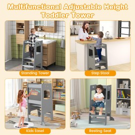 INFANS Toddler Standing Tower, Kids Montessori Kitchen Step Stool Helper with 2 Adjustable Height Learning Blackboard Safety Rail Wooden, Anti-Slip Mats, 1-3 Year Old Boy Girl Gifts