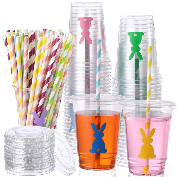 Jingmore 50 Pcs Easter Bunny Disposable Plastic Cups with Lids