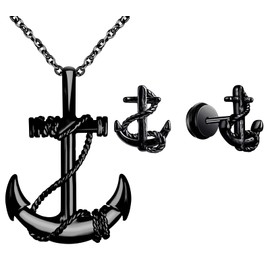 INFINIONLY Men's Stainless Steel Necklaces and Earrings Jewellery Sets Vintage Chains with Anchor Pendant for Teenagers Fashion Anchor Stud Earrings for Boys Women, Stainless Steel