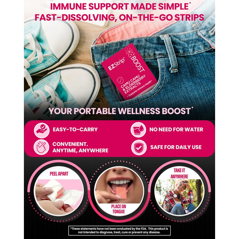 EZStrip Boost Camu Camu and Elderberry Extract Strips.