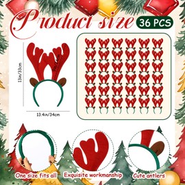 Riceshoot 36 Pcs Christmas Reindeer Antlers Headband Christmas Headbands Deer Antlers Headband with Ears Antler Headpiece Christmas Costume Accessories for Kids Adult Holiday Party Favors