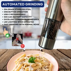 Electric Salt and Pepper Grinder Set of 2 | Automatic One Handed USB Rechargeable with 6 Adjustable Coarseness Levels | LED Light | Modern Stainless Steel | Large Capacity 75mL Mill Grinder | Kitchen