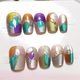 10Pcs Colorful Press on Nails Handmade Fake Nails Medium Square Acrylic Glue on Nail Glitter Gloss False Nails with Grid Designs Natural Reusable Artificial Stick on Nail for Women (Size M)