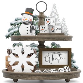 Christmas/Winter Tiered Tray Decor, 6 Pcs Hello Winter Snowflake Snowman Table Signs Let It Snow Wooden Signs for Home Kitchen Office