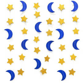 3Pack Blue Gold Moon-Star Party Decorations Garland - 52Ft Twinkle Little Star Hanging Banner Decor for Ramadan Hajj Umrah Eid Mubarak Celebrations
