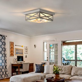 DIKAIDA 2 Pack White Flush Mount Ceiling Light, Farmhouse Ceiling Light Fixtures, 2-Light Rustic Metal Finish Industrial Kitchen Light Fixture for Bedroom, Hallway Light