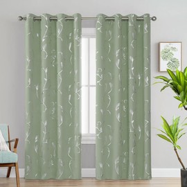 BUHUA Blackout Curtains Silver Foil Print Flower Vine Grommet Drapes, Room Darkening Thermal Insulated Curtains, Noise Reducing Curtain for Bedroom, Sage Green, 52Wx72L, 2 Panels