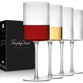 Ribbed Square Wine Glasses Set of 4 – 15oz Hand Blown Ribbed Design Wine Glasses, Unique Vintage Style Drinking Glasses, Red or White Glasses With Long Stem - For Christmas, Wedding, Birthday