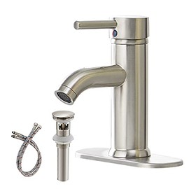Greenspring Brushed Nickel Bathroom Faucet Single Handle One Hole Modern Vanity Sink Faucet Deck Mount Brass Commercial Lavatory Basin Bath Tap with Pop Up Drain and Cover Plate