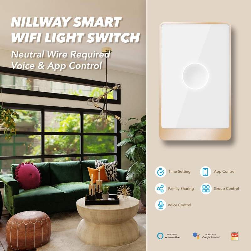Smart Wall Light Switch, 2.4GHz 1 Gang WiFi Touch Switches,