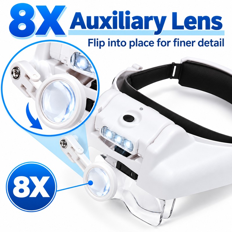 Rechargeable LED Headband Magnifier for Precision Work – Interchangeable Lenses
