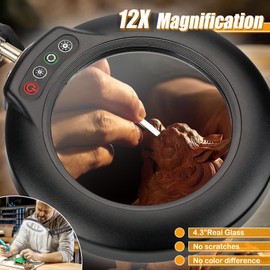 IVMAIE 12X Magnifying Glass with Light and Stand, 2-in-1 Lighted Magnifier with Clamp, 5 Color Modes Dimmable LED Desk Lamp Hands Free for Painting Craft Jewelry Sewing Hobby Model Close Work