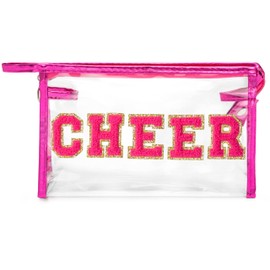 Y1tvei CHEER Clear Makeup Bag - Preppy Rose Red Cheer Chenille Patch Cosmetic Pouch Extra Large PVC Transparent Toiletry Carry Bag Portable Waterproof Travel Organizer Cheer Gift for Cheerleader