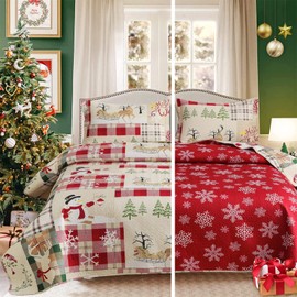 Reversible Xmas Bedding Quilts King Size Plaid Poinsettia Christmas Bedspread Patchwork Red Cardinals Snowmen Quilt Reindeer Snowflake Geometry Coverlet Birds Elk Moose Bed Set Christmas Decor