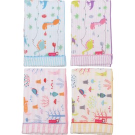 isso ecco Imabari Towels, Face Towels, Set of 4, Gauze, 13.0 x 31.5 inches (33 x 80 cm), Printed, Moori, Dinosaur Pattern, Made in Japan (Assorted 4 Colors)